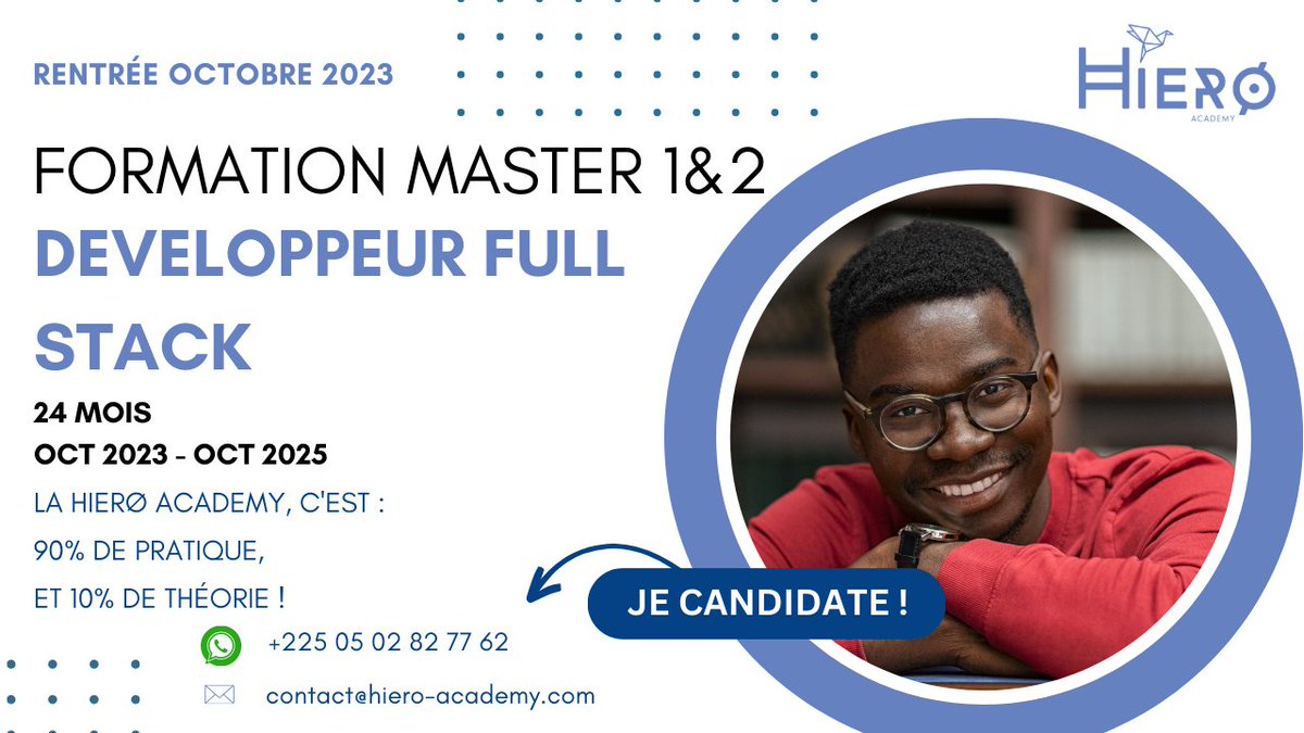 Tu te vois réaliser ce challenge de 24 mois ? 💪 Inscris-toi ou demande plus d’informations ici +225 05 02 82 77 62 ou contact@hiero-academy.com, Et follow la page, on aura d’autres informations 😌. #rentrée #developpeurfullstack#formationprofessionnelle #inscriptionetude