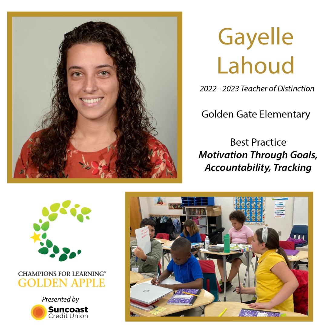 Ms. Lahoud is using her best practice, 'Motivation through Goals, Accountability, Tracking,' to support students in individual academic achievement and outside the classroom through adapting the Leader in Me program! #Champs4learning #GoldenAppleCollier <a href="/SuncoastCU/">Suncoast Credit Union</a> <a href="/GGEseagulls/">GGE Seagulls</a>