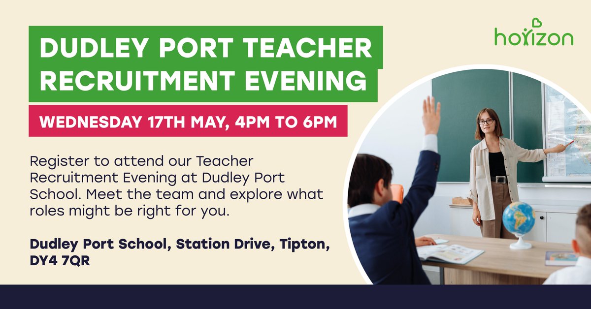 We're looking for Teachers, Teaching Assistants and Alternative Provision Practitioners to join our north schools! Come along to Dudley Port School on May 17 to meet our team and find out more. 

Register for free to  attend👇: horizoncare.co.uk/news/teacher-r…

Refreshments available.