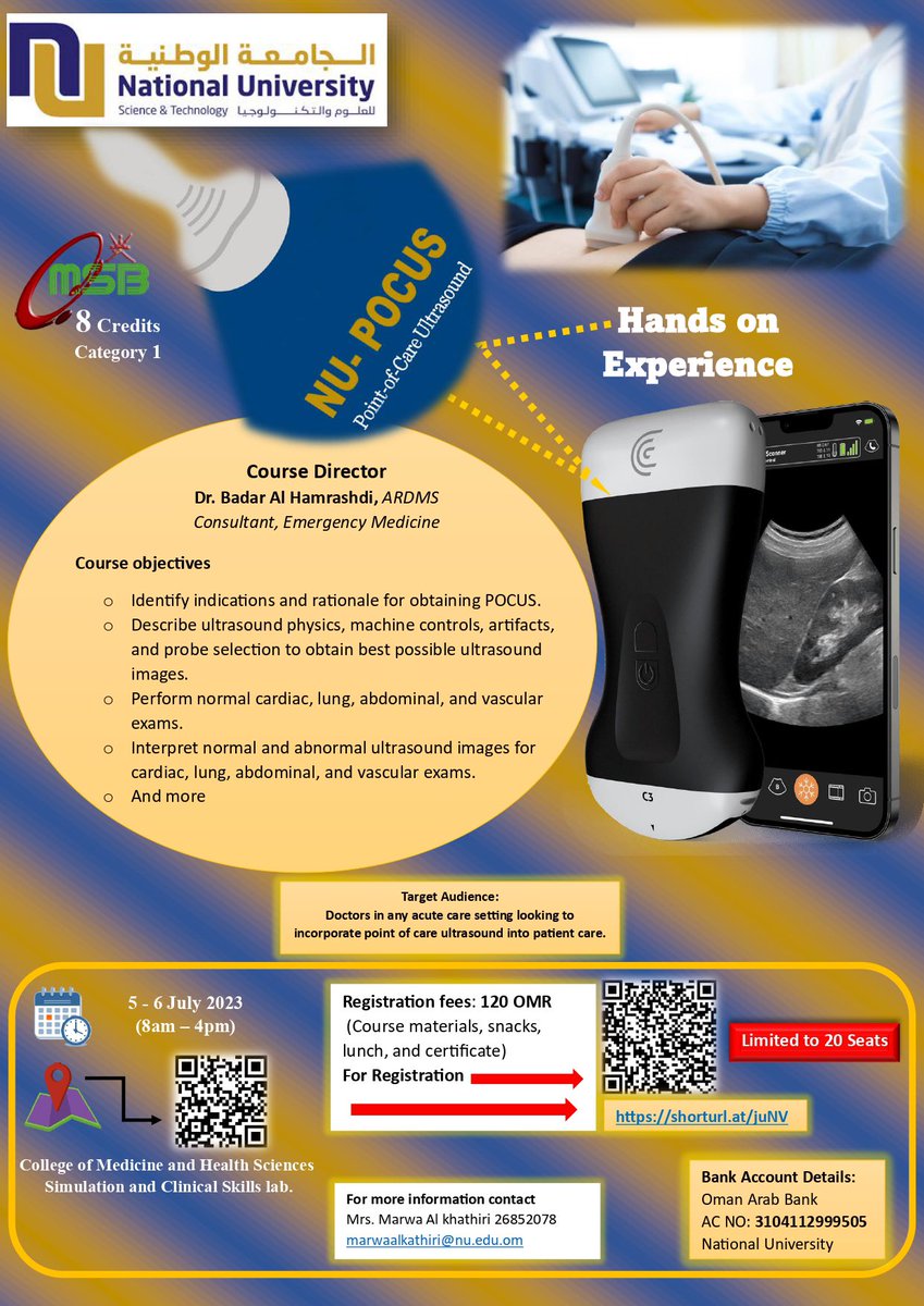 NU_COMHS's tweet photo. The National University of Science and Technology, CoMHS, represented by the Simulation and Clinical Skills Lab, announces for “Point of Care Ultrasound (NU-POCUS) Course”. 

The course is accriteded by Oman Medical Specialty Board. 

Book your seat now https://t.co/Zpx4Gzph5G