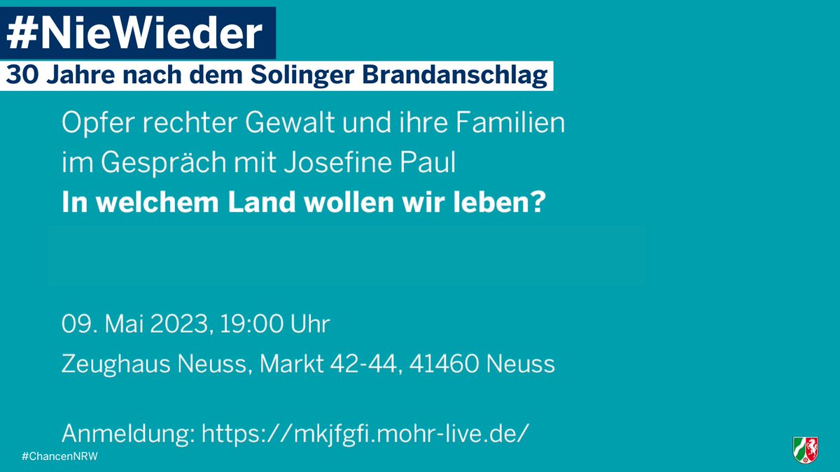chancen.nrw (@chancennrw) on Twitter photo 30 Jahre nach dem rechtsextremistischen Brandanschlag in #Solingen spricht <a href="/JosefinePaul/">Josefine Paul</a> mit Özlem Genç, Gamze Kubaşık, Emiş Gürbüz und Dr. Mehmet Daimagüler. Sei dabei am 9. Mai, ab 19:00 Uhr im Zeughaus in Neuss oder schalte dich online zu. mkjfgfi.mohr-live.de 30 Jahre nach dem rechtsextremistischen Brandanschlag in #Solingen spricht <a href="/JosefinePaul/">Josefine Paul</a> mit Özlem Genç, Gamze Kubaşık, Emiş Gürbüz und Dr. Mehmet Daimagüler. Sei dabei am 9. Mai, ab 19:00 Uhr im Zeughaus in Neuss oder schalte dich online zu. mkjfgfi.mohr-live.de