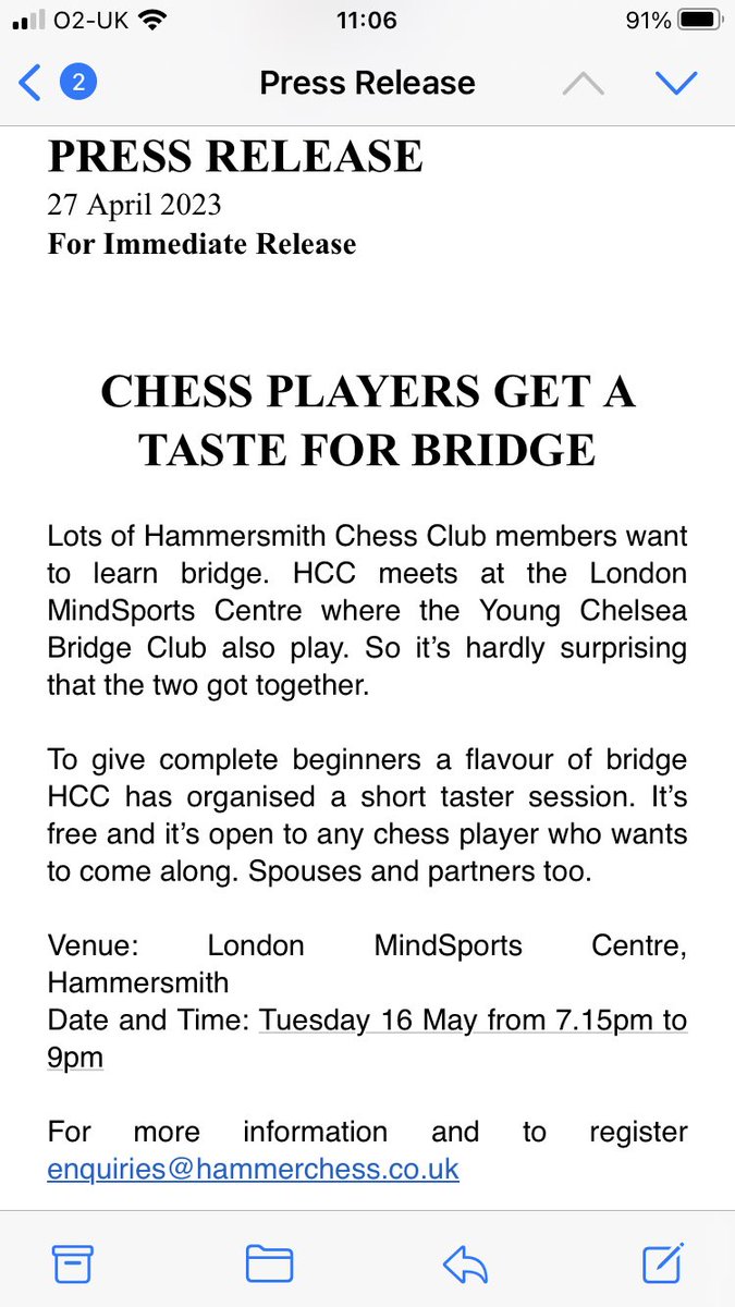 A reminder that @hammer_chess/ Young Chelsea Bridge Club are hosting a free beginners Bridge taster session on Tues 16th.May. Chess players, friends & partners are particularly welcome! Hosted by renowned Bridge master David Parry @KingsHeadchess @LewishamChess @BatterseaChess