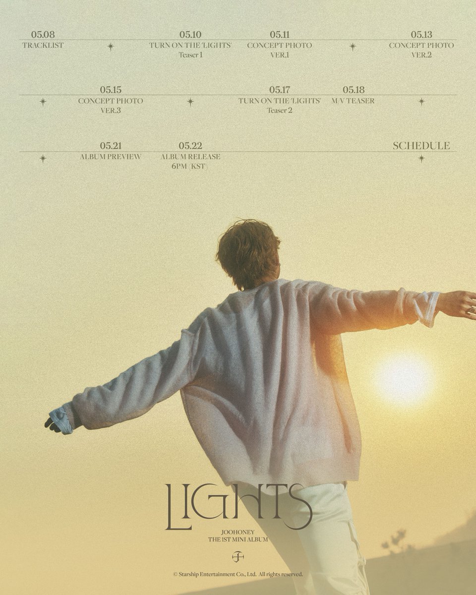 OfficialMONSTAX's tweet image. JOOHONEY The 1st Mini Album 
'LIGHTS' ✨

SCHEDULE

Release on
2023.05.22 6PM (KST)

#주헌 #JOOHONEY 
#몬스타엑스 #MONSTA_X #MONSTAX
#LIGHTS #SCHEDULE