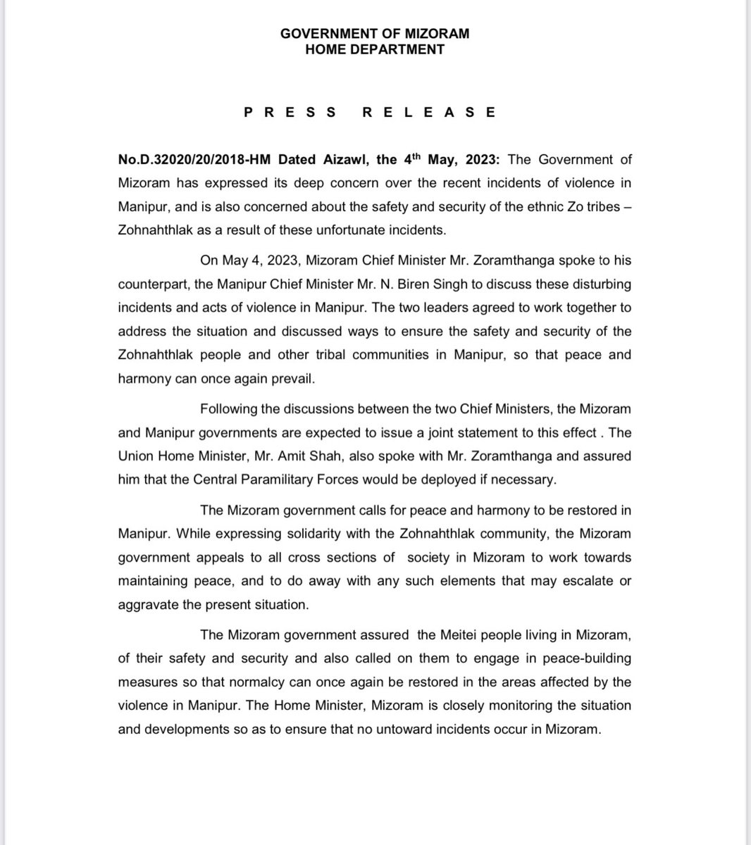 dipr_mizoram's tweet photo. The Home Department, Mizoram issued a press statement regarding the recent incidents of violence in Manipur https://t.co/fn7lxZCDvn
