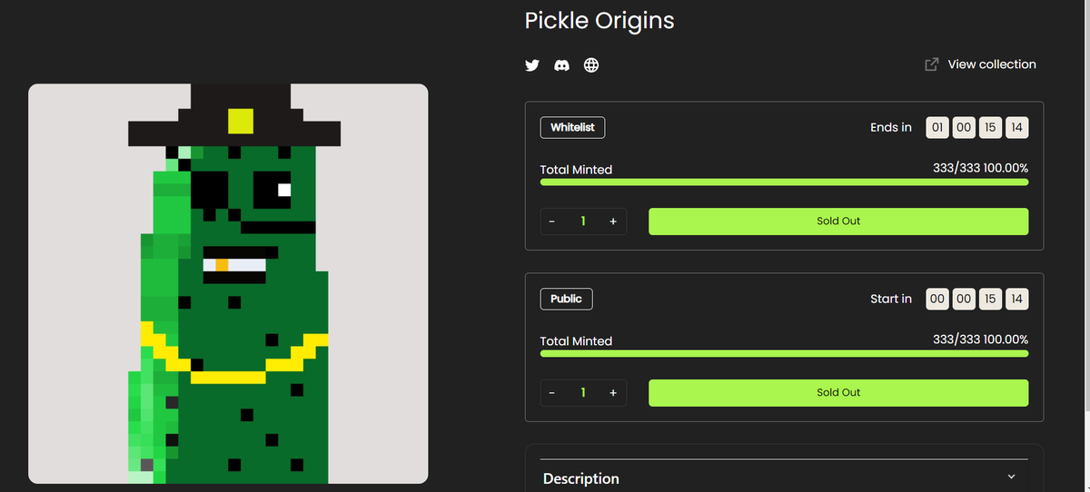 Sold out before the public  🥒
 
Holders of Pickle Origins will get a big discount on the main collection 😉
holders of Pickle Origins with 6 NFTS will be able to get Pickle Adventure FREE MINT 💎

Launchpad was held on @BettaSuiMarket 

#Sui #freemint #NFTComminity #NFTs