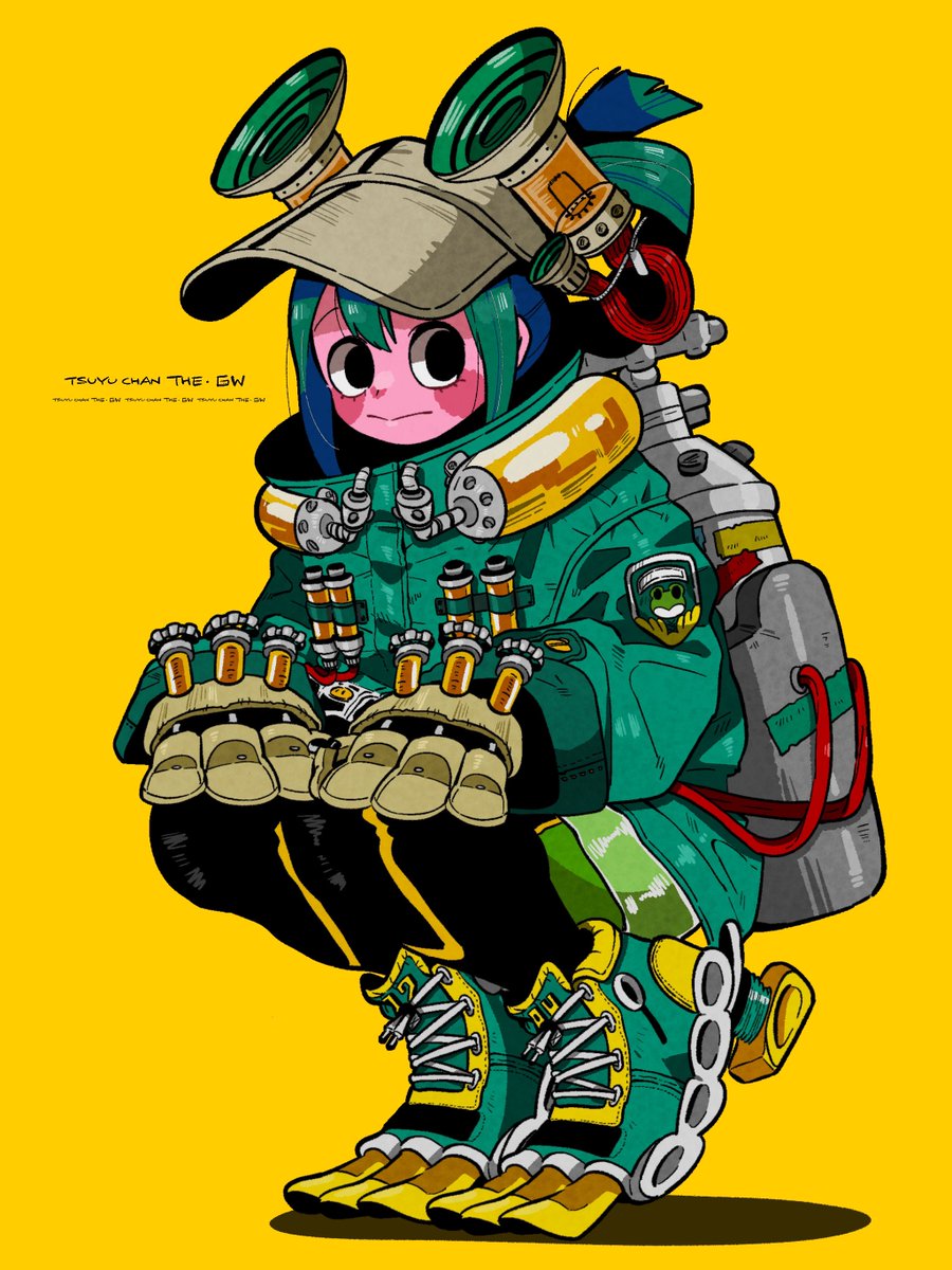 asui tsuyu 1girl solo gloves green footwear hair rings simple background yellow background  illustration images