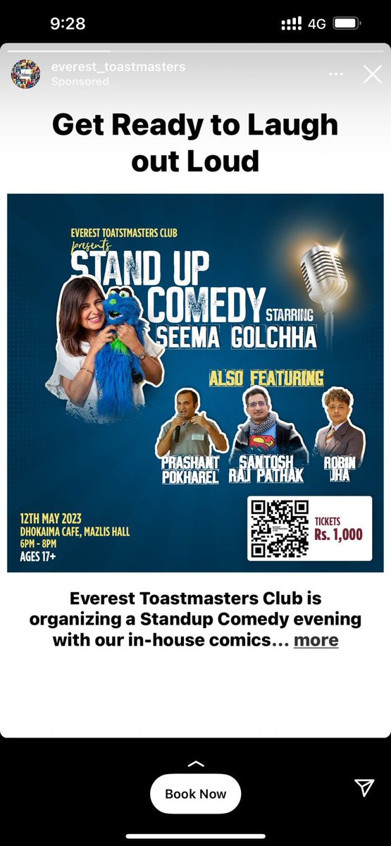 entrepunner's tweet photo. Kathmandu peeps, 
Everest Toastmasters presents a Standup-Comedy evening on May 12, at Dhokaima Cafe at 6pm 

Limited seats … so buy your tickets now! 
#standupcomedy #ventriloquism #Kathmandu https://t.co/30qR2Z2b5B
