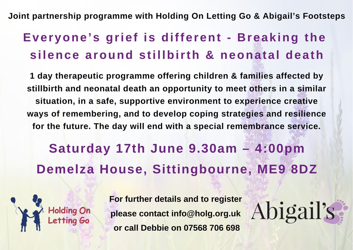 We will be joining in partnership with Hold On Letting Go, to deliver a 1 day therapeutic programme for families affected by stillbirth or neonatal death, on Saturday 17th June. Please share with families who may wish to attend.
Fully funded by Abigail's Footsteps

#babyloss
