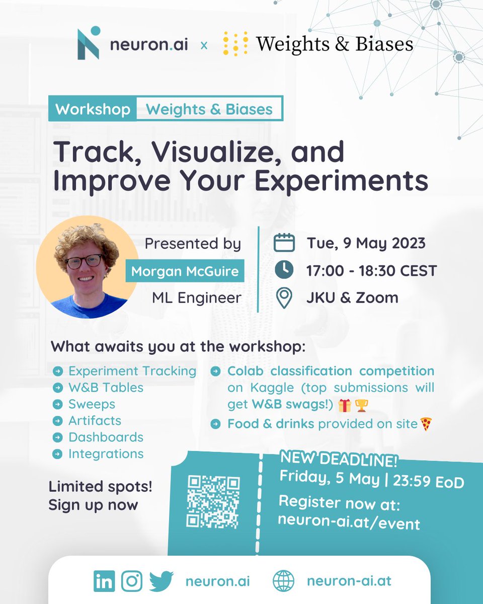 ⏰ DEADLINE APPROACHING - Sign up for our <a href="/wandb/"></a> workshop before Friday at 23:59 EoD (End of Day) to reserve your spot! ➡️ neuron-ai.at/event/weights-…

Win WandB swags by joining the #Kaggle competition and join us for a round of food &amp; drinks <a href="/jkulinz/">JKU - Johannes Kepler Universität Linz</a> 🍕🍹

#workshop #ai