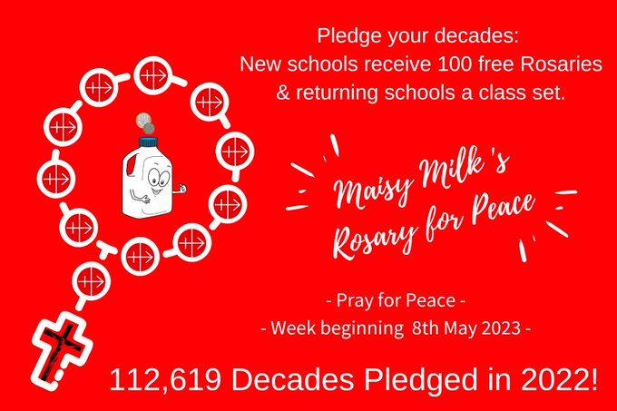 Calling ALL #Primary #Schools and #Parishes! Join us for this year's #MaisyMilk #Rosary for #Peace, starting on the 8th May! New schools receive 100 #rosaries and returning a class set. Sign up now! bit.ly/411on2L