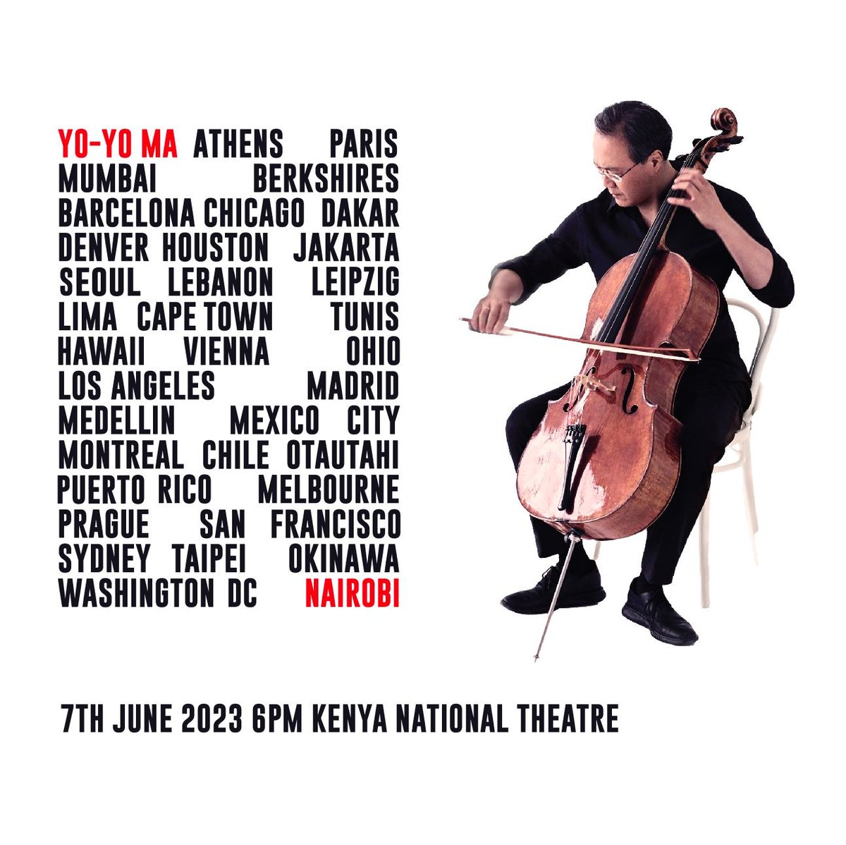 5 years. 
36 cities. 
6 continents. 

His 1st time in #Kenya. 

19 Grammy Award-winning artist @YoYo_Ma will be performing in #nairobi . 

Follow us for all the coming details!

#cultureconnectsus #yoyomanairobi #kenya