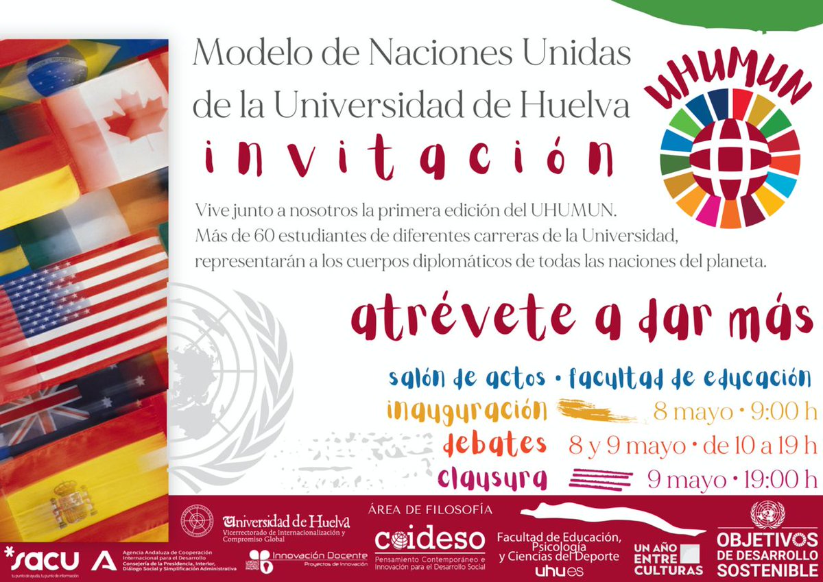 🔶Modelo de Naciones Unidas de la Universidad de Huelva 🔶

🗓️8 y 9 de mayo
🏢 Salón de actos de la Facultad de Educación, Psicología y Ciencias del Deporte <a href="/educacionUHU/">FacultadEduPsiDepUHU</a>

Más información 👇