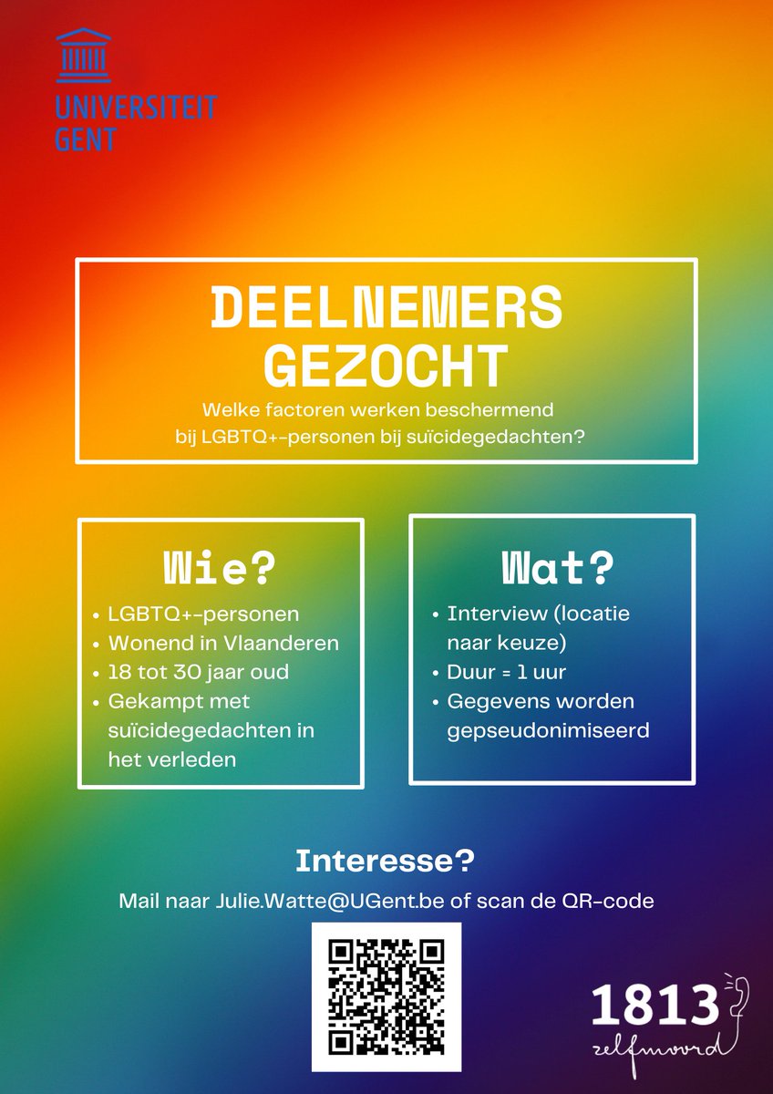 Gezocht: LGBTQ+ personen tussen 18 en 30 jaar. Vanuit VLESP begeleiden we deze boeiende masterproef die beschermende factoren voor suïcidaliteit in kaart wil brengen.