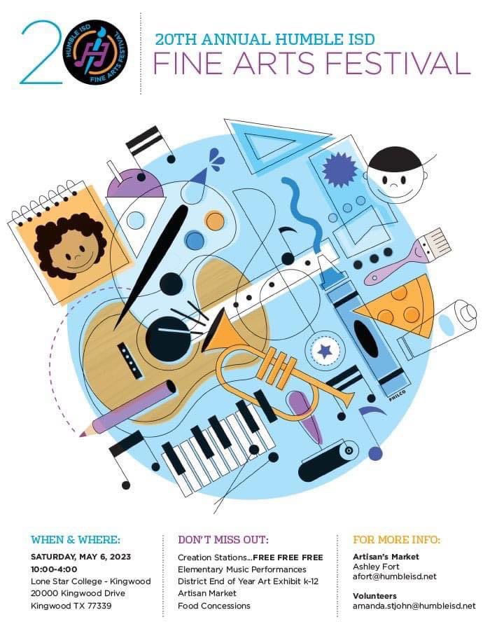 VisualArtHumble's tweet photo. You should be there! 🎉👍🎨🎶FREE family fun…Saturday, May 6, 10-4!! @HumbleISD @HumbleISD_Arts  @HumbleISD_RMS @HumbleISD_SCHS @HumbleISD_ESE @HumbleISD_AMS @HumbleISD_FE @HumbleISD_CE @HumbleISD_NBE @HumbleISD_KMS @HumbleISD_RPE @HumbleISD_ACE @HumbleISD_ARMS @HumbleISD_WPE https://t.co/YxM2978qks