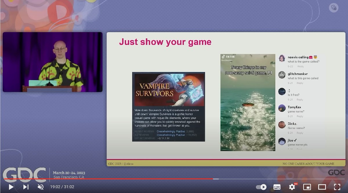 Olima's tweet photo. indie devs!!! my latest GDC talk is now also on YouTube!

"The Golden Rule of Indie Game Promotion: No One Cares About Your Game" we used this rule to work on games like Vampire Survivors, Exo One etc and think was helpful for us! beep beep

https://t.co/R4K8dvapV6 https://t.co/gq4kRX5aIr