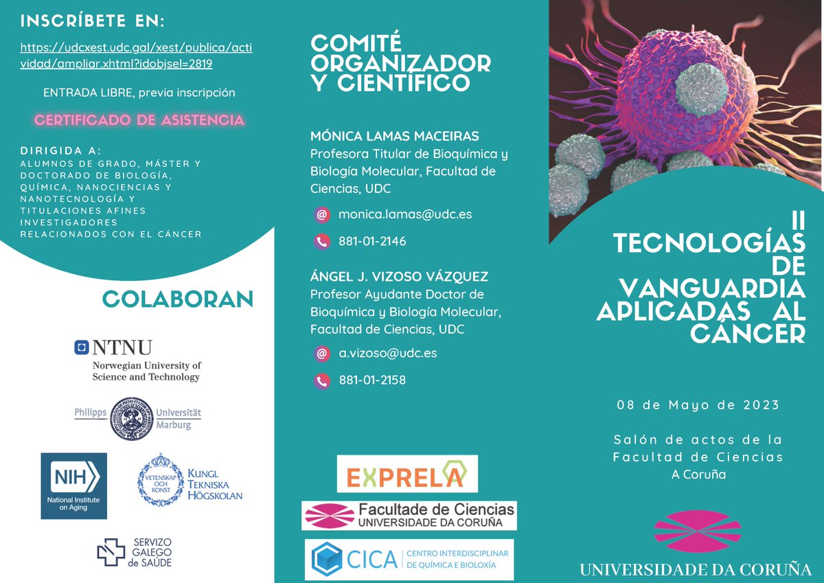 CICAUDC's tweet photo. II TECNOLOGÍAS DE VANGUARDIA APLICADAS AL CÁNCER
🗓️Lunes día 8 de mayo
📍@CienciasUDC
Requiere inscripción. Información y enlaces en el link
https://t.co/eHDsaOGlxh
#EXPRELA https://t.co/rKH6ioHe3T