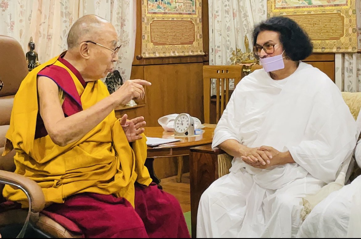 His Holiness the 14th Dalai Lama discussed about peace, harmony and inter-religious values with L <a href="/Munilokesh/">Acharya Lokesh Muni</a> , Mahamandaleshwar Mahant Naval Kishore Das and Sikh religious leader earlier today at his residence in Dharamshala on 4 May 2023.

Photo : OHHDL