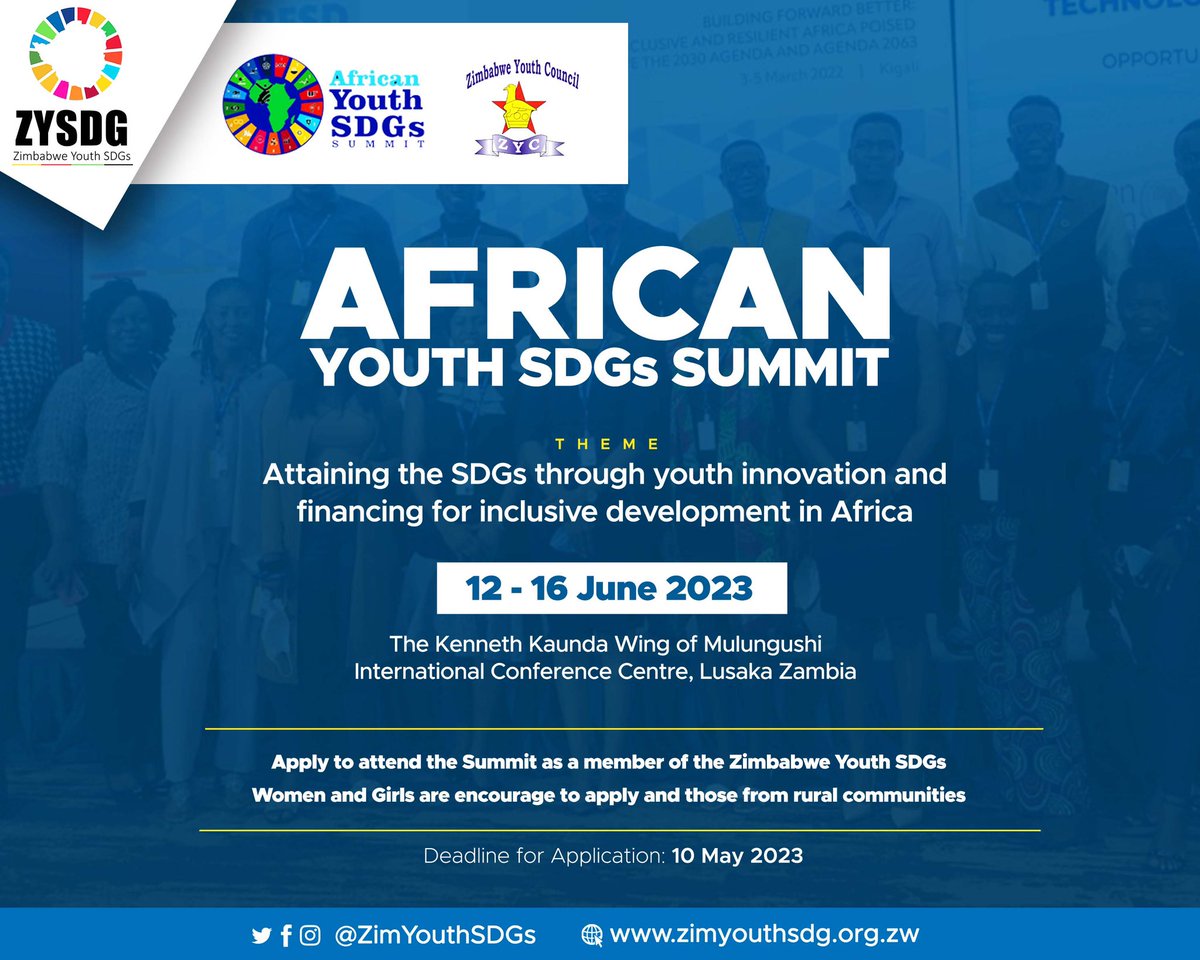 ZimYouthSDGs's tweet photo. Are you a young person working on the #SDGs and interested in participating at the @youthsdgssummit in Lusaka Zambia . 
Apply today : https://t.co/Hm6vHlyudB
@OMpslsw @UNZimbabwe @KirstyCoventry @zimyouthcouncil https://t.co/As2paVUFQX