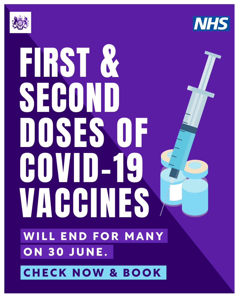 After 30 June, not everyone will be able to get the #CovidVaccine from the NHS.

If you haven’t yet had your first dose, the last date to get one and have time for your second is Friday, 5 May.

Book at bit.ly/2Z8qurw or find a walk-in clinic at bit.ly/3C3JNAN