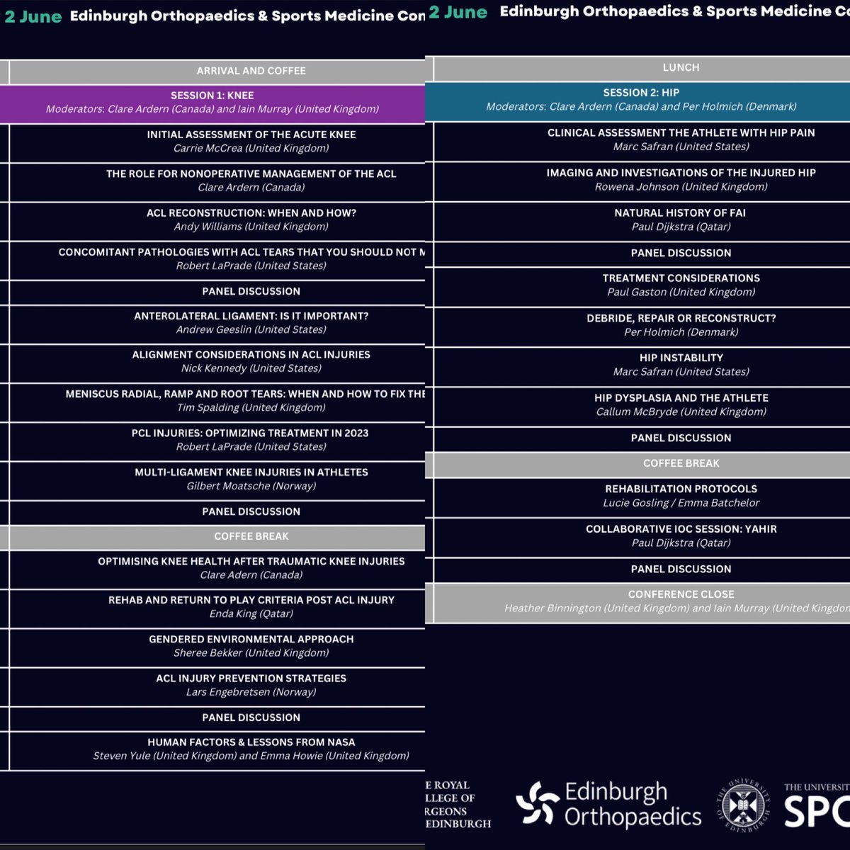 📣 EDINBURGH ORTHOPAEDICS & SPORTS MEDICINE CONFERENCE

1-2 June 2023 at @RCSEd

Hard to find a better line-up in Sports Medicine 🩺⚽️🏉🏃‍♀️

🎟️ tinyurl.com/y4vx3tcr

Collaboration: @EdinOrthopaedic @UKCCIIS @RCSEd by @MurraySportOrth @RobinsonOrth 

#sportmedicine #orthotwitter