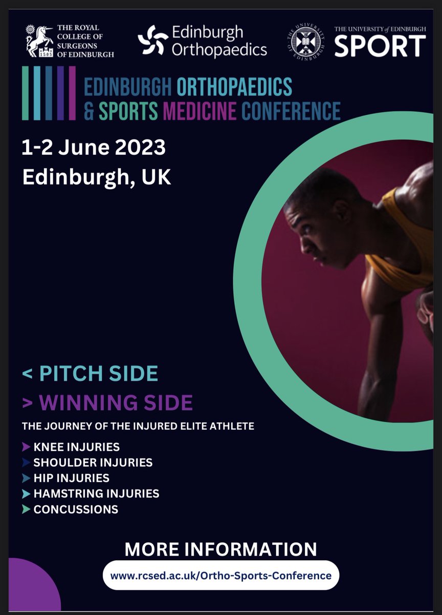 andrewhallortho's tweet photo. 📣 EDINBURGH ORTHOPAEDICS &amp; SPORTS MEDICINE CONFERENCE

1-2 June 2023 at @RCSEd

Hard to find a better line-up in Sports Medicine 🩺⚽️🏉🏃‍♀️

🎟️ https://t.co/mWLevbOtkc

Collaboration: @EdinOrthopaedic @UKCCIIS @RCSEd by @MurraySportOrth @RobinsonOrth 

#sportmedicine #orthotwitter https://t.co/io1LC12UeZ