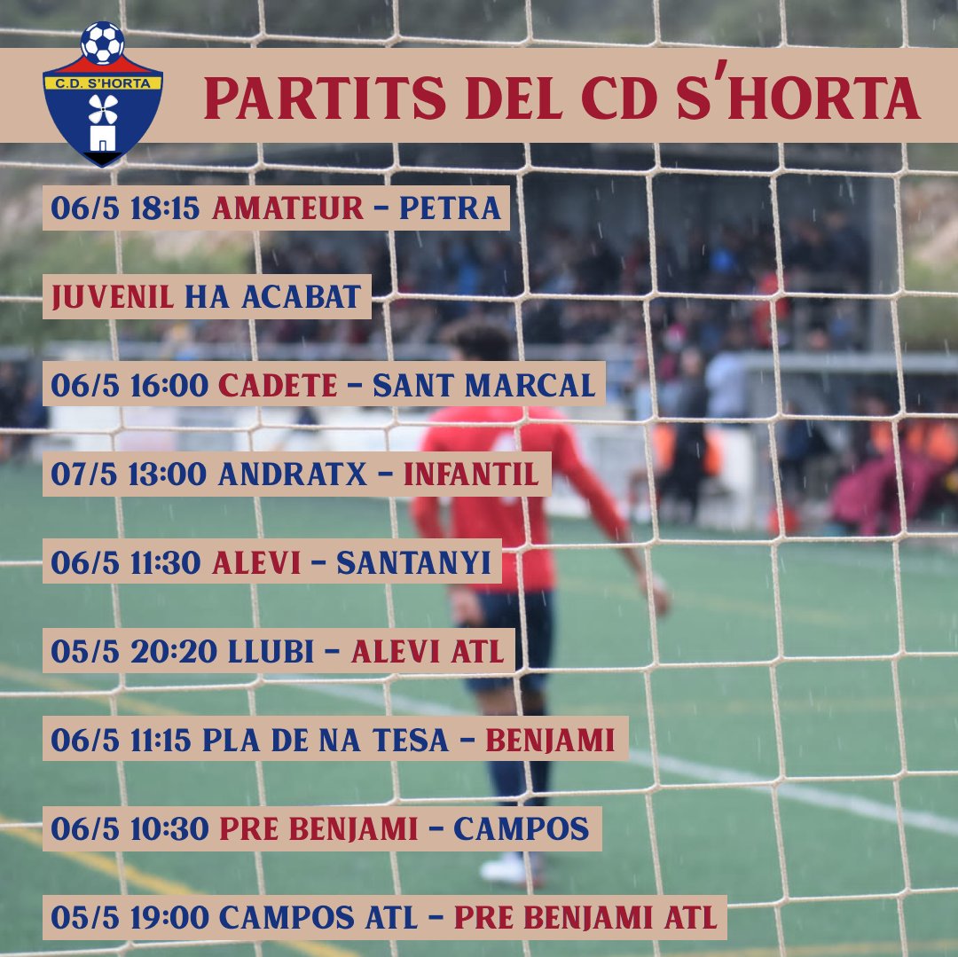 𝐏𝐀𝐑𝐓𝐈𝐓𝐒 𝐃𝐄𝐋 𝐂𝐀𝐏 𝐃𝐄 𝐒𝐄𝐓𝐌𝐀𝐍𝐀

⚽ 4 partits es disputen a Sa Lleona aquest cap de setmana

🔚 El juvenil ja ha acabat els partits de competició

📺 Els partits de casa son retransmesos en directe per eivo TV

#TotAlVermell♦