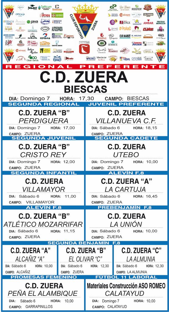 Buenas tardes futboler@s, estos son los partidos de este fin de semana, os esperamos!!!
Aupa Zuera!!