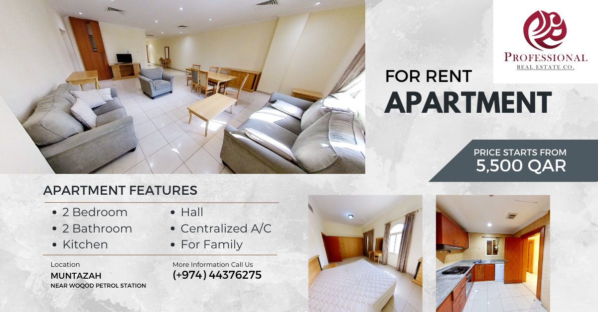 profestate's tweet photo. Fully Furnished 2 Bedroom Apartment in Muntazah
5,500 Qar per Month

For inquiries please call   
(+974) 50554361     

Visit our website  
https://t.co/HpegSt4MnI

#Qatar #RealEstate #profestate 

#شقق_فاخرة #عقارات_قطر #عقارات_للإيجار #الدوحه #قطر #شقق_للايجار https://t.co/LqQHMZ7P6r