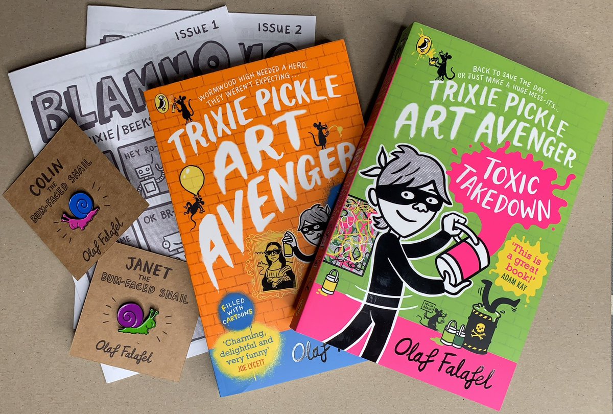 Publication Day Giveaway!

Trixie Pickle Art Avenger Toxic Takedown is now out so I’m giving away:
📗📙 Signed copies of both books
🐌🐌 Colin &amp; Janet Bum-faced snail badges
✏️📄 Blammo comics 1 &amp; 2

Retweet &amp; follow to win
(You can buy both books here
linktr.ee/ofalafel )