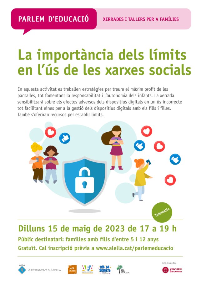 L'ús i l'educació dels nostres infants de les eines digitals i les xarxes socials és quelcom que ens hauria d'ocupar temps.
Les AFAs dels centres d'Alella i <a href="/ajalella/">Ajuntament d'Alella</a> ens proposen aquesta xerrada-taller que pot ser força interessant per posar el fil a l'agulla. T'hi apuntes?