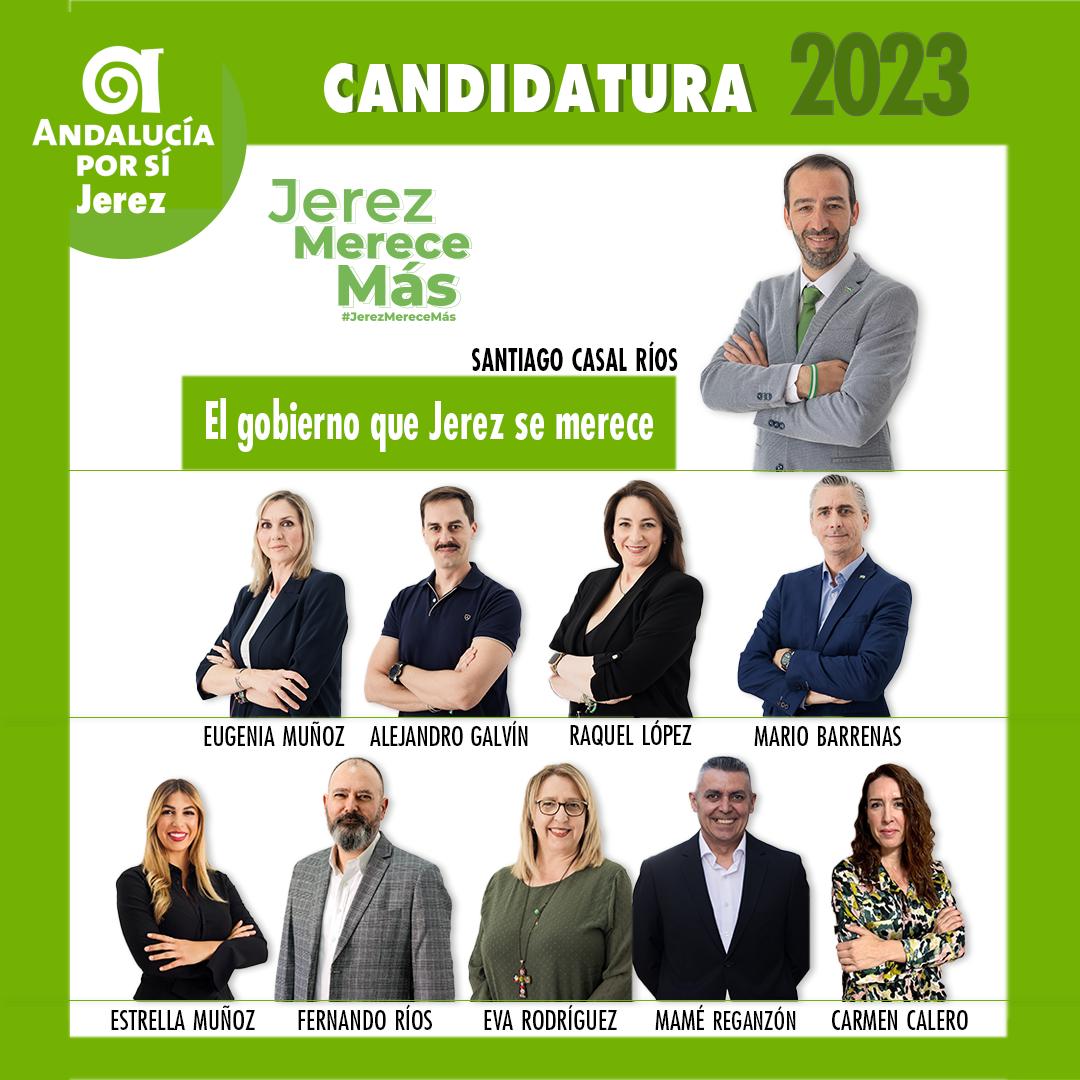Axsi_Jerez's tweet photo. 👉 Para concluir, os presentamos al equipo de los 10 candidatos que acompañará a @SantiagoCasal a la Alcaldía por Andalucía Por Sí y que será el próximo Alcalde del gobierno municipal, después del 28 de mayo. 

Porque... Jerez merece más.

#jerezmerecemás https://t.co/g77h9mX5un
