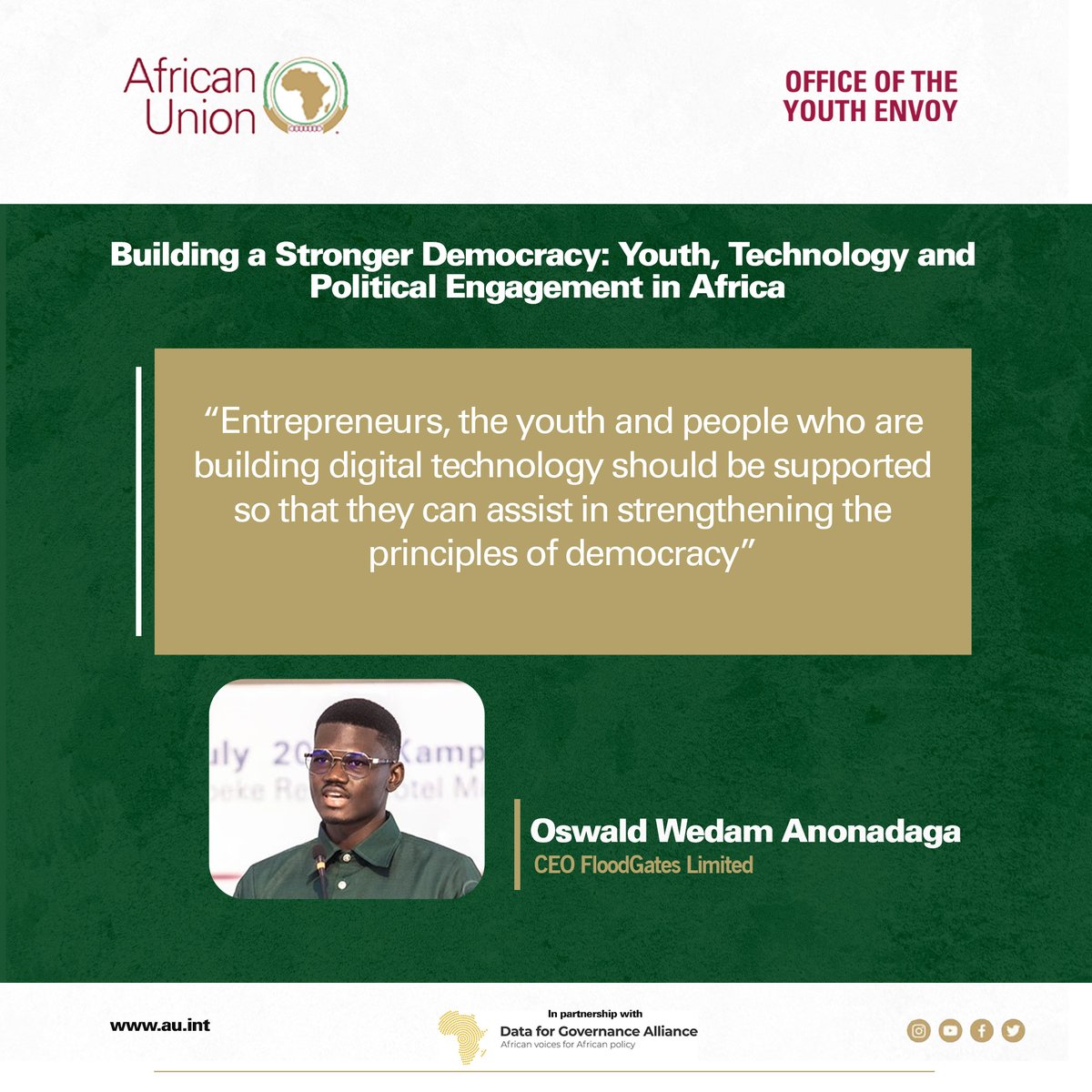 Data4GovAfrica's tweet photo. #Tech4Democracy champion @oswaldwedam calls for support for youth entrepreneurs in the digital space.
Watch replay here: https://t.co/yAj8ekVY7s
#Tech4Gov https://t.co/rSlf3RWFGT
