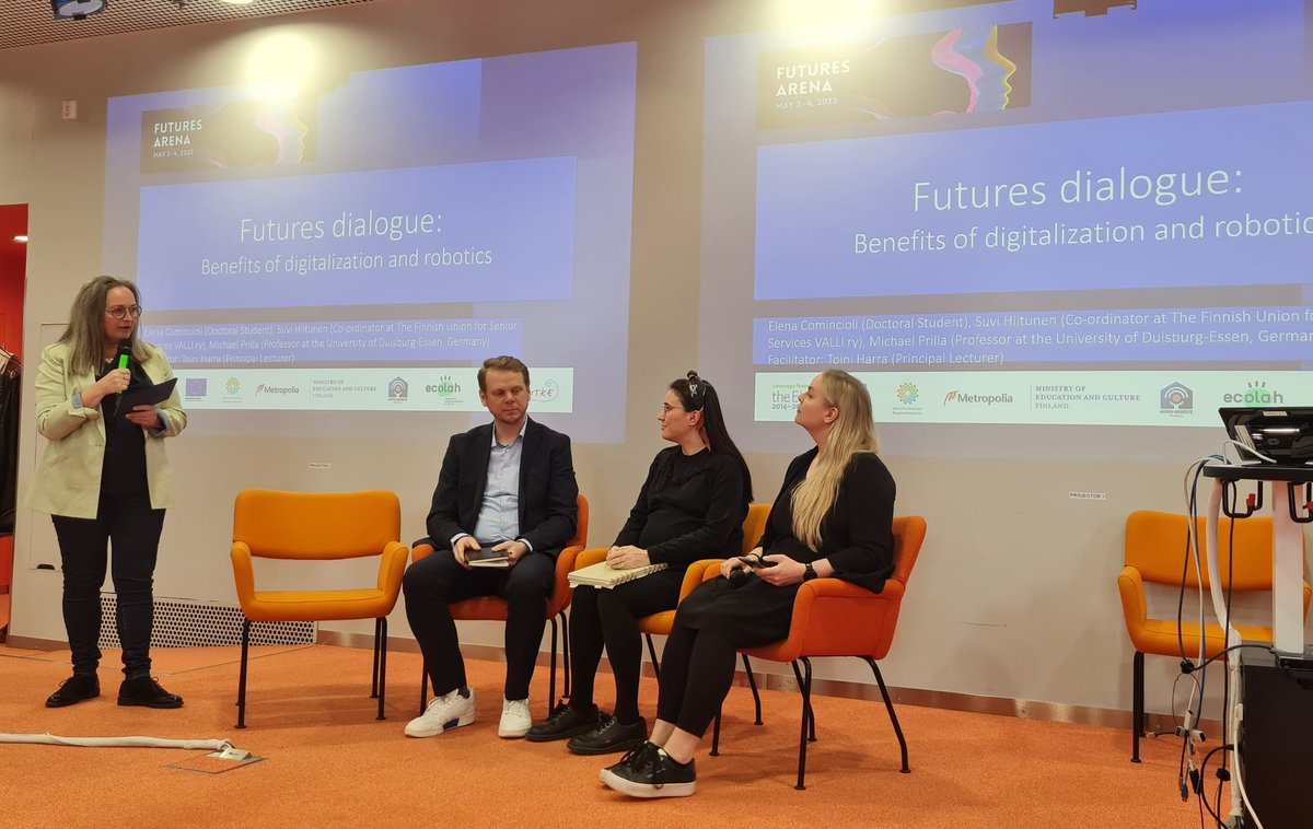 #FuturesDialog about benefits of digitalization and robotics with Elena Comincioli, Suvi Hiltunen and Michael Prilla &amp; facilitated by <a href="/ToiniH/">Toini Harra</a> 👏 #FuturesArena2023

#DigitalImpact #ParticipatoryRDI #Collaboration
<a href="/metropolia/">Metropolia</a> <a href="/Hippa_Remote/">HippaRemote</a> <a href="/HYTKEtiimi/">Hytke</a> #Digirun #ECOLAHproject