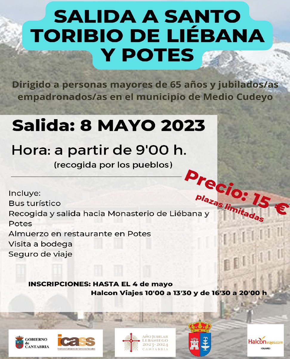 La  Concejalía de Bienestar Social e Igualdad del Ayuntamiento de Medio  Cudeyo organiza una salida para los mayores del municipio a Santo  Toribio de Liébana y Potes.
▶ La excursión está dirigida a personas mayores de 65 años y a jubilados/as empadronados/as en Medio Cudeyo.