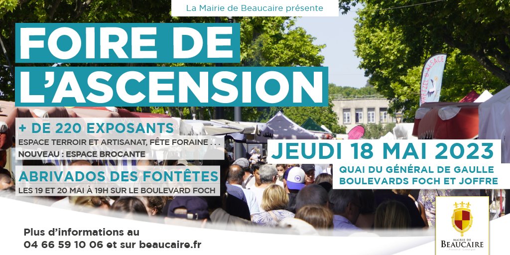🛑RAPPEL🛑

[Foire de l'Ascension] 🎉

La grande Foire de l’Ascension de #Beaucaire est de retour le jeudi 18 mai 2023 !
> Entrée libre de 9h à 18h !