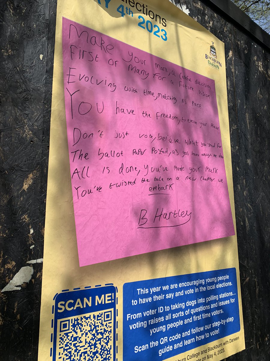 It’s Claire from Comms (@claire_tulloch) on Twitter photo Make sure you use your vote today. 🗳️
I can’t say that more eloquently, emotively or creatively than our 17 year old apprentice Brayden.
Here’s the poem he wrote for a campaign to encourage first time and younger voters.
<a href="/blackburndarwen/">Blackburn with Darwen Council</a> Make sure you use your vote today. 🗳️
I can’t say that more eloquently, emotively or creatively than our 17 year old apprentice Brayden.
Here’s the poem he wrote for a campaign to encourage first time and younger voters.
<a href="/blackburndarwen/">Blackburn with Darwen Council</a>