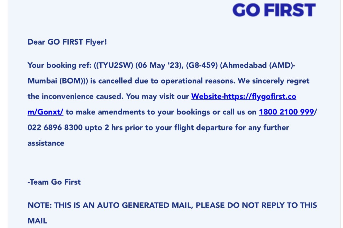 Had a flight from Ahmedabad to Mumbai on 6th May with #GoFirstAirlines 
Recieved this cancellation email...

That is totally outrageous.
Why do u take bookings if cannot fulfill it.
Refund the amount !!!

<a href="/GoFirstairways/">GO FIRST</a>