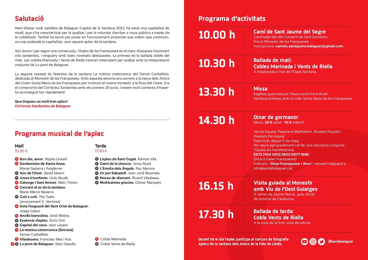 “Cot x coti” en versió sardana per primera vegada a Ponent

Estrena de la sardana “La mística cistercenca” en l’aplec de les Franqueses

ℹ️ sardalleida.cat

<a href="/sardabalaguer/">Col·lectiu Sardanista de Balaguer</a> <a href="/ciutatbalaguer/">Paeria de Balaguer</a> <a href="/AplecsDe/">Unió Aplecs Sardanistes De Catalunya</a> <a href="/ventsderiella/">Vents de Riella</a> <a href="/CoblaMarinada/">Cobla Marinada</a> @confsardanista #aplecssardanalleida