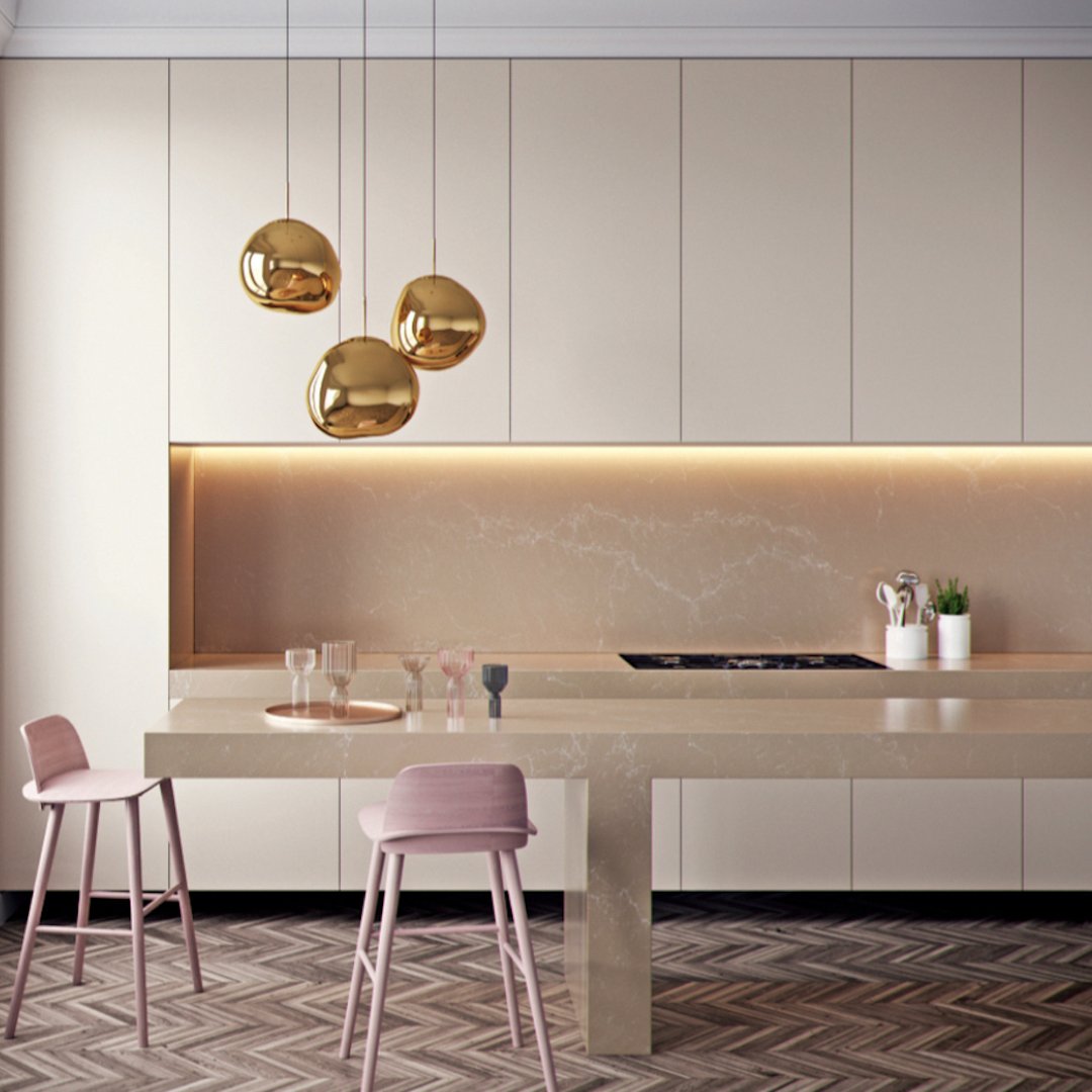 We're low-key obsessed with this 'pretty in pink' design aesthetic showcasing our Dreamy Marfil as the entire kitchen island and backsplash. Want to see Dreamy Marfil in person? Visit us today: bit.ly/ContactCaesars… #caesarstonesa #caesarstone #dreamymarfil #kitchendesign