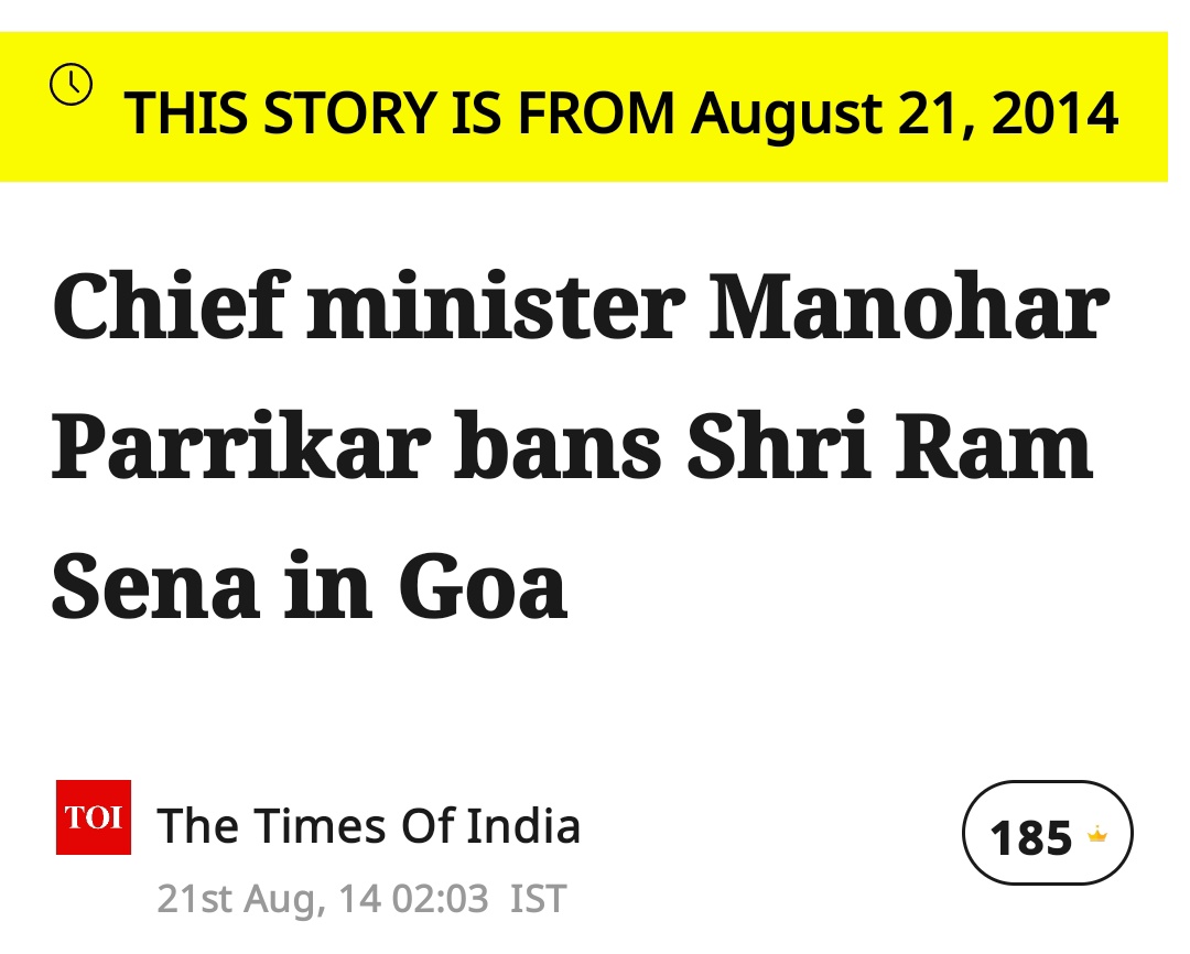 geetv79's tweet image. In 2014, BJP-RSS CM Parrikar banned Shri Ram Sene in Goa and insulted Lord Ram. 
#ModiLogic 
#LieLikeModi 
👇
