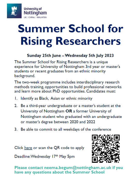 💡We are running a summer school for @UniofNottingham undergrads and MA students who are Black or from minoritised ethnic backgrounds interested in PhD study. Meals & accommodation covered plus help with childcare costs. Spread the word! Apply here: tinyurl.com/2p82rdwp