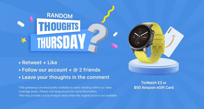 Mobvoi_Official's tweet photo. #RandomThoughtsThursday #Giveaway
It's #WorldGivingDay, and we're thrilled to celebrate the power of giving! 🌍
👉Share an act or donation of kindness that has made a positive impact on your life? 💖
🎁: One winner for a #TicWatchE3 or #Amazon
#Android #electronics #smartwatch https://t.co/tj9hvY9eUT