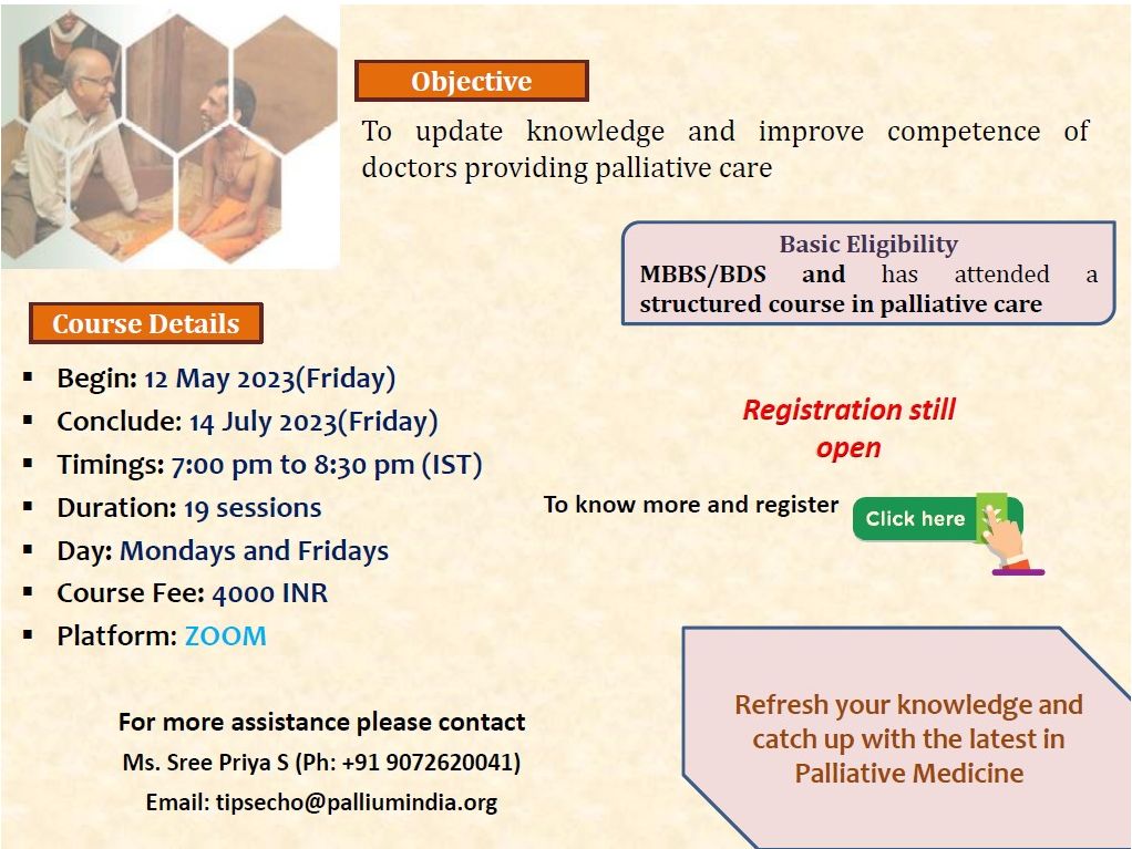 Meet the faculty of our upcoming Refresher Course in Palliative Medicine, starting next Friday (May 12, 2023) Register now: palliumindia.org/2023/03/rcpm-e… #palliativecare #palliativemedicine #refreshercourse #online #zoomsessions #eveningclasses #mbbs #bds #hapc #hpmglobal #MedTwitter