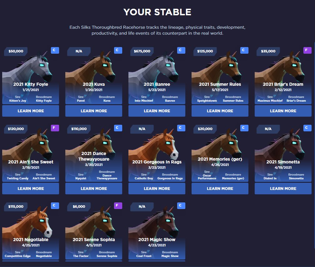 pinhooking's tweet image. @gameofsilks brings real-life US Thoroughbred horses to the metaverse, creating opportunities for savvy pinhookers to use their breeding and genetics expertise.

DM me if you're interested in pinhooking NFT yearlings.

🏇 #NFTs #pinhooking