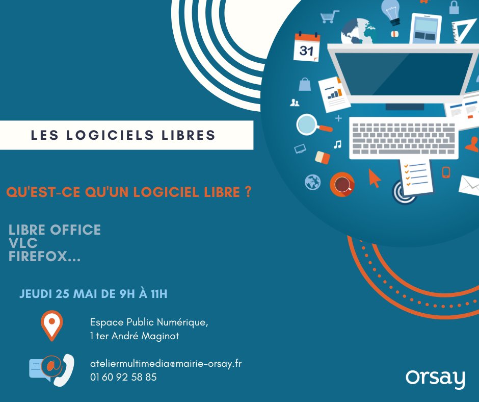 💻​ Café #numérique | Les #logiciels libres
Un peu de culture, d'histoire et de pratique sur quelques-uns de ces logiciels bien utiles.
👉​​Jeudi 25 mai de 9h à 11h
❕​ Inscription à ateliermultimedia@mairie-orsay.fr ou au 01 60 92 58 85 ou sur place (tarif : 5€) ❕