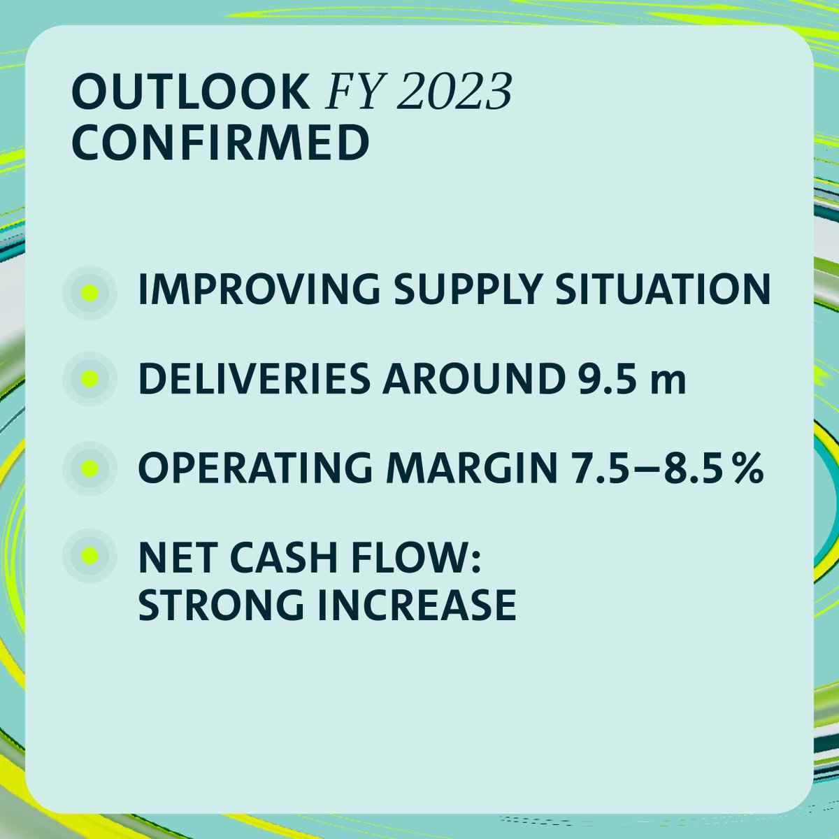 ✨ YES! ✨ Our Q1 facts &amp; figures are solid:
📈 BEV deliveries up 42%
📈 Sales revenue up 22%
📈 Underlying operating profit of 7.1 billion € w/ underlying margin 9.3%

💲 Invest continues by 10-point plan: #digitization &amp; #electrification in EU, North America &amp; China.