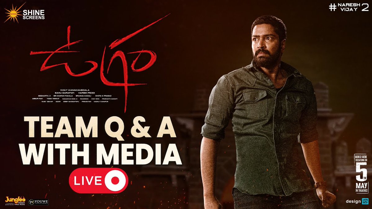 Watch #Ugram team Q&amp;A with Media!

- youtube.com/live/uk2RZXtmV…

In Cinemas From Tomorrow ❤️‍🔥

#UgramOnMAY5th
<a href="/allarinaresh/">Allari Naresh</a> <a href="/mirnaaofficial/">Mirnaa</a> <a href="/DirVijayK/">Vijay Kanakamedala</a> <a href="/sahugarapati7/">Sahu Garapati</a> <a href="/harish_peddi/">Harish Peddi</a> <a href="/Shine_Screens/">Shine Screens</a> <a href="/jungleemusicSTH/">Junglee Music South</a>