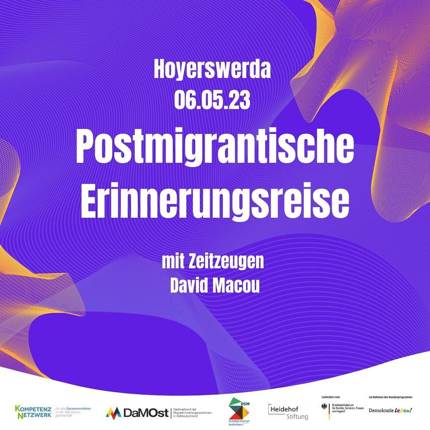 Veranstaltungstipp für (post-)migrantische Jugendliche &amp; junge BI_PoC in Ostdeutschland: 
6.5./ Stadtrundgang durch #Hoyerswerda mit #Zeitzeuge David Macou, ehem. #Vertragsarbeiter in der #Lausitz
> mehr Infos: damost.de/aktuelles/poli… #DDR #Arbeitsmigration @damost_ev