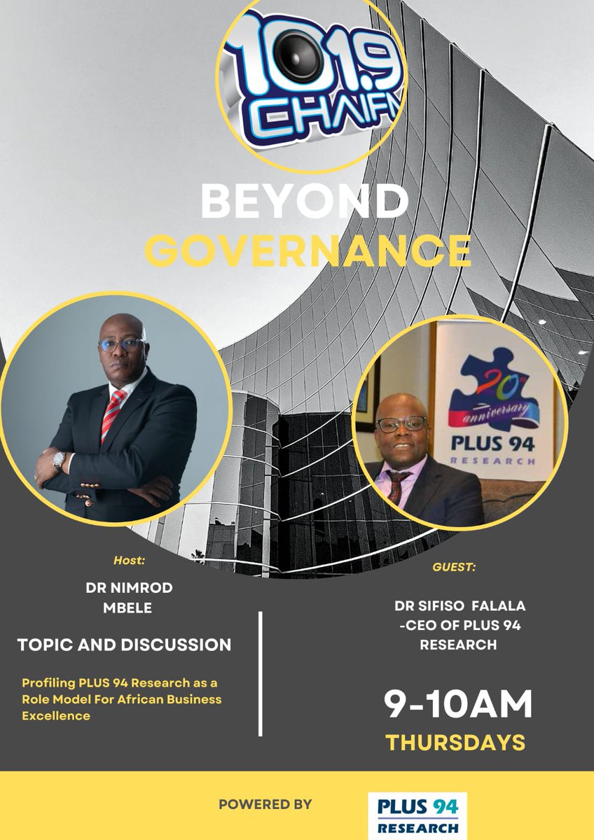 Plus94_Research's tweet photo. As part of our 25th anniversary celebration in market research, CEO Dr Sifiso Falala will be doing an interview on @chaifm (channel 101.9). Tune in to hear more about our journey in the industry:
#marketresearch #plus94research #25thANNIVERSARY #chaifm
https://t.co/CJ9yuqJ1nx https://t.co/js8x6ceLYe