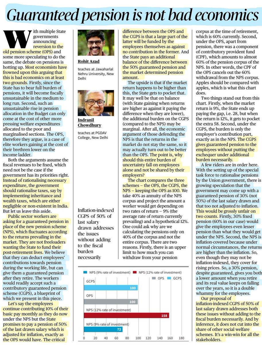 imRavikantYadav's tweet photo. 'Guaranteed Pension is not bad Economics'
A different approach towards #Oldpensionscheme #OPS- #CGPS Contributory Guaranteed Pension Scheme
:Sh Indranil Chowdhury @indranil74
Sh Rohit Azad @azadrohit
#pension #governmentscheme #employees
#FiscalPrudence
#economy
Source:TH https://t.co/uALuuaZT0a